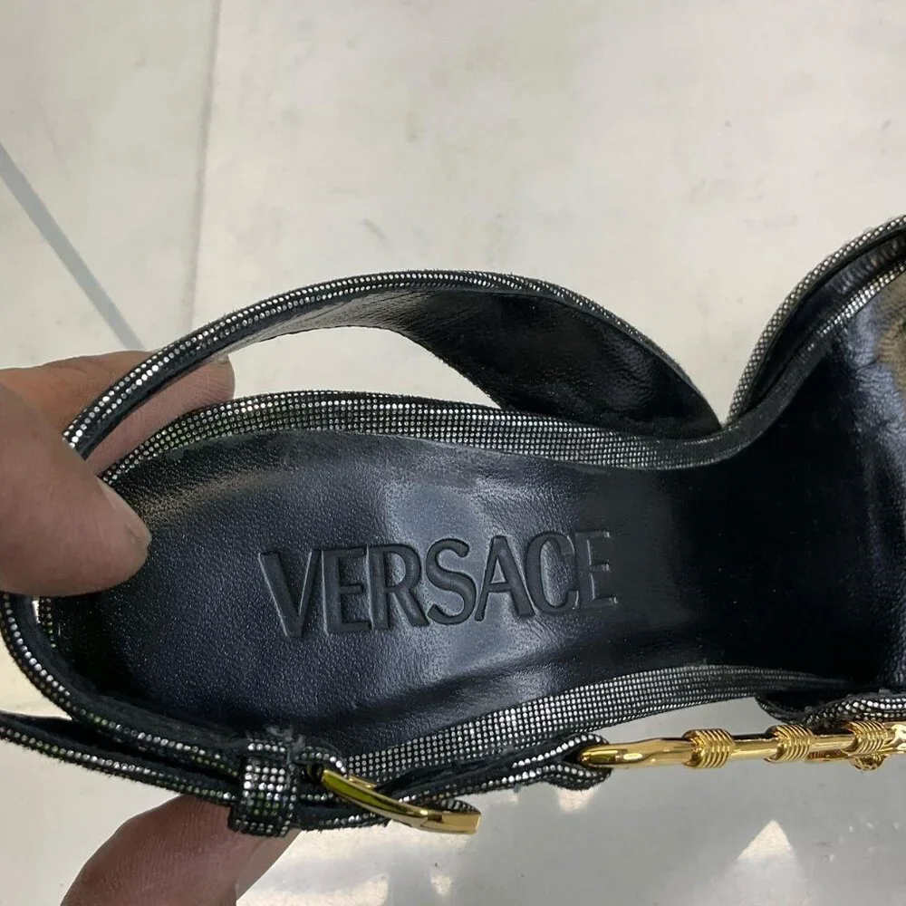 Versace Silver Gold Black Leather Bling Embellished Slingback Pumps 35.5 / US 5